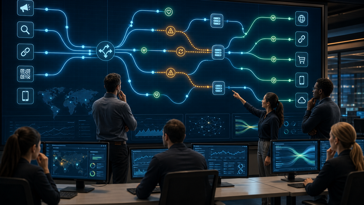 Operations team monitoring broken link alerts and failover routes