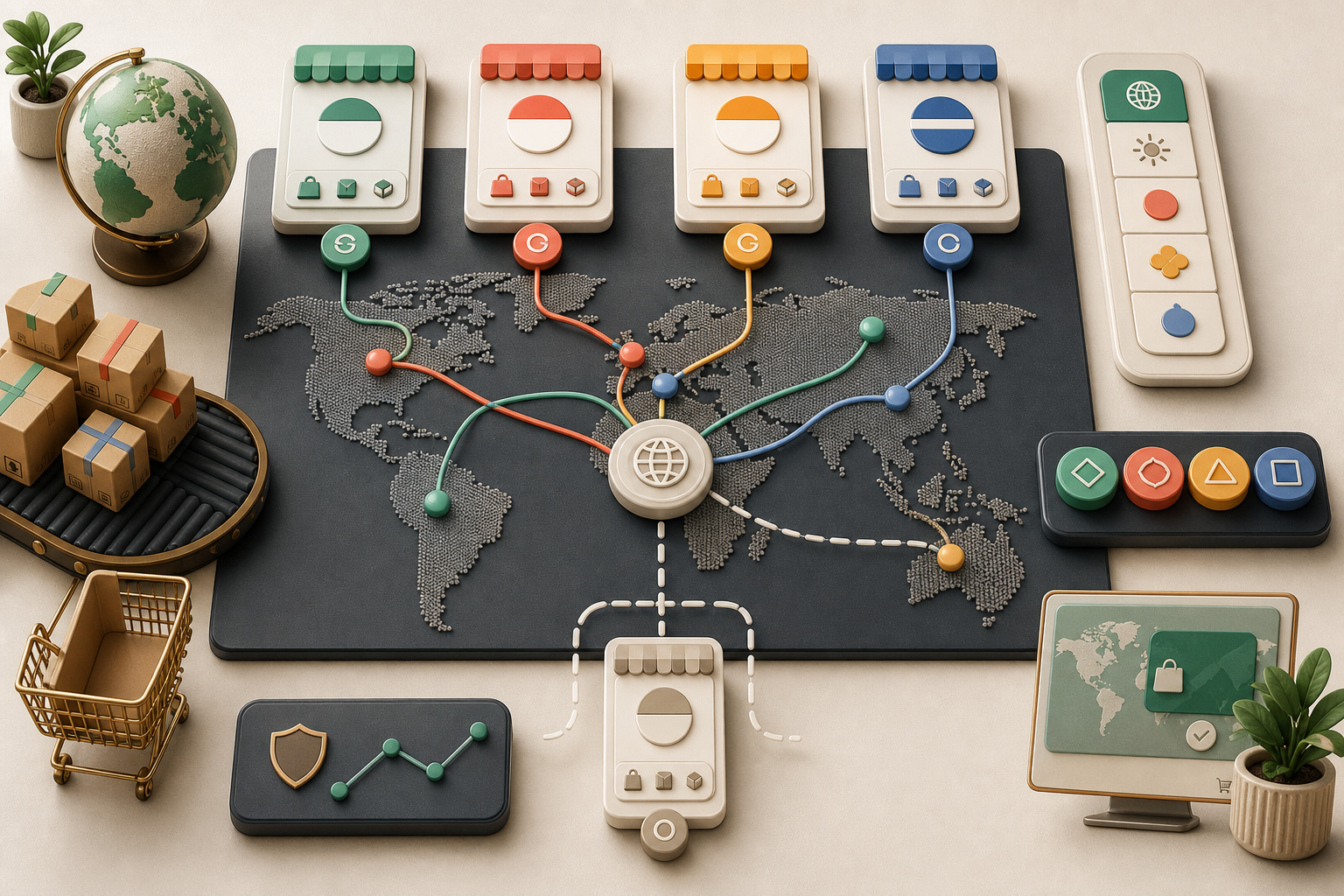 A global ecommerce routing board showing country stores, currency, shipping, language, and fallback routes