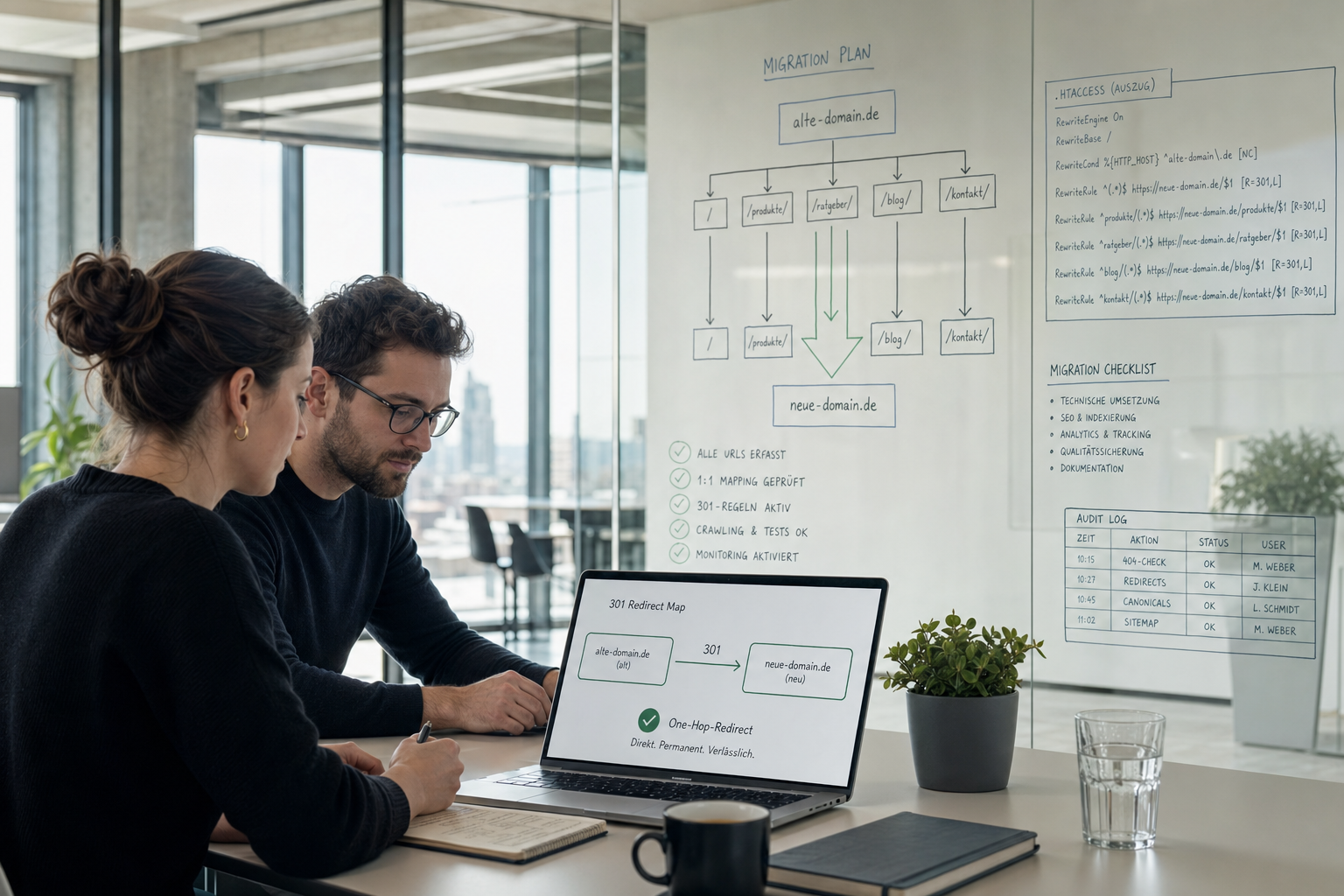 SEO- und Technikteam prüft eine Redirect-Map und Domainumzugsregeln auf einem Laptop