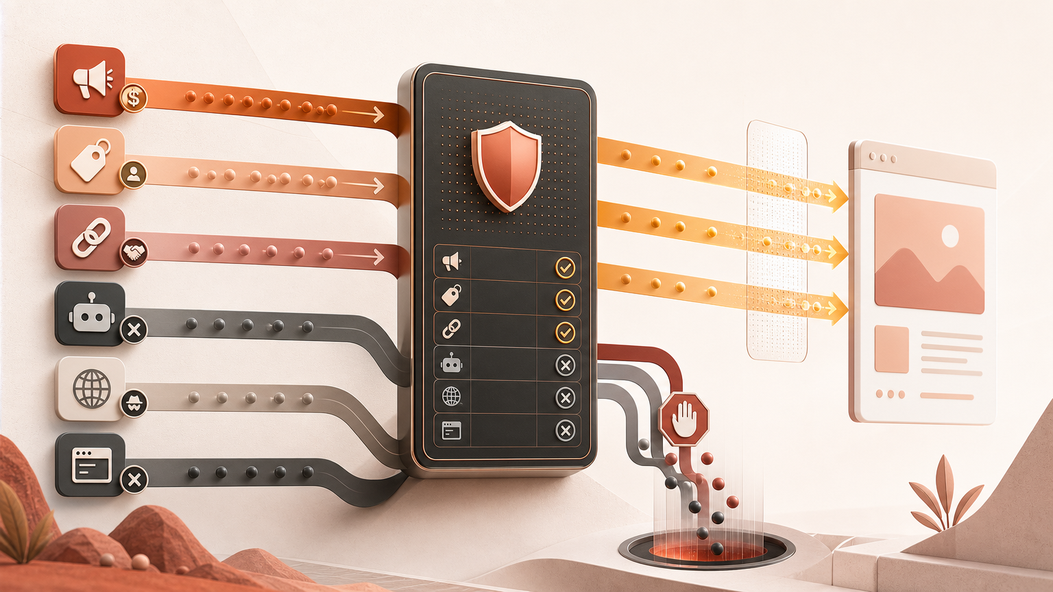 A link firewall policy board filtering bots, proxies, headless browsers, and risky partner traffic before the destination loads