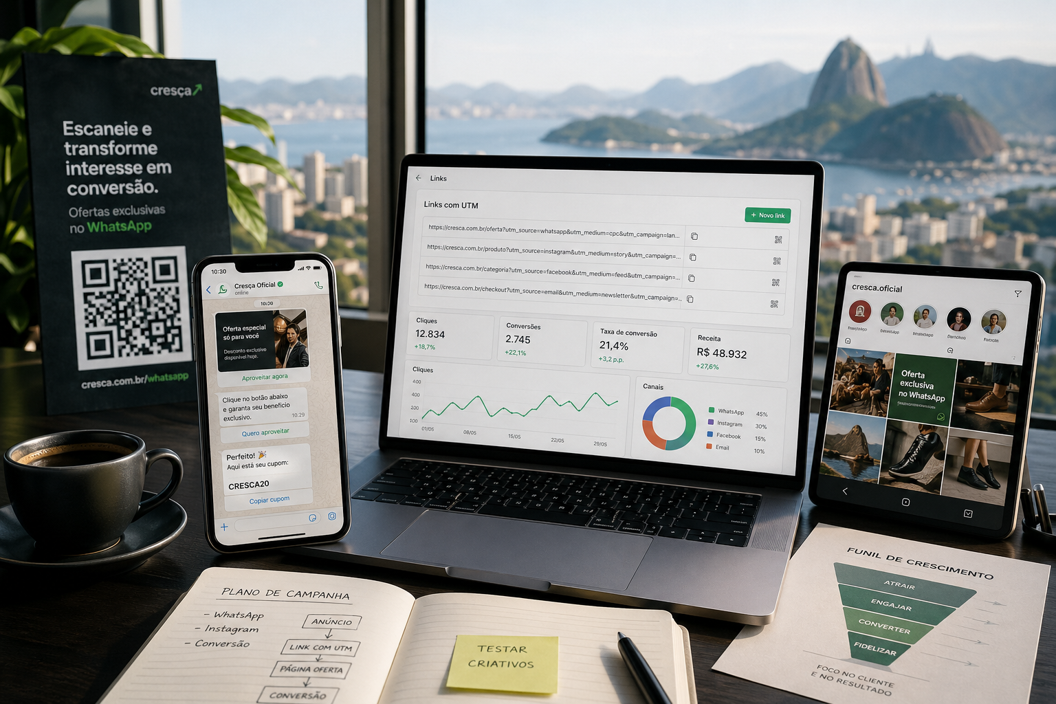 Marketing-Team prüft gebrandete Kampagnenlinks für WhatsApp, Instagram und QR-Traffic