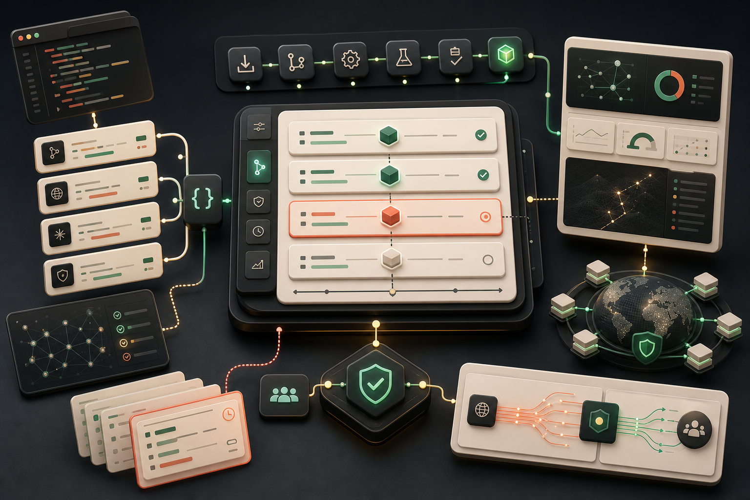 Developer workflow board showing redirect rules as code, CI validation, API automation, edge publishing, and rollback snapshots